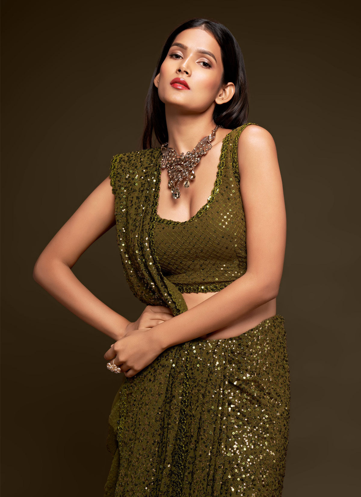 Georgette Classic Saree In Olive With Sequins Work For Festival
