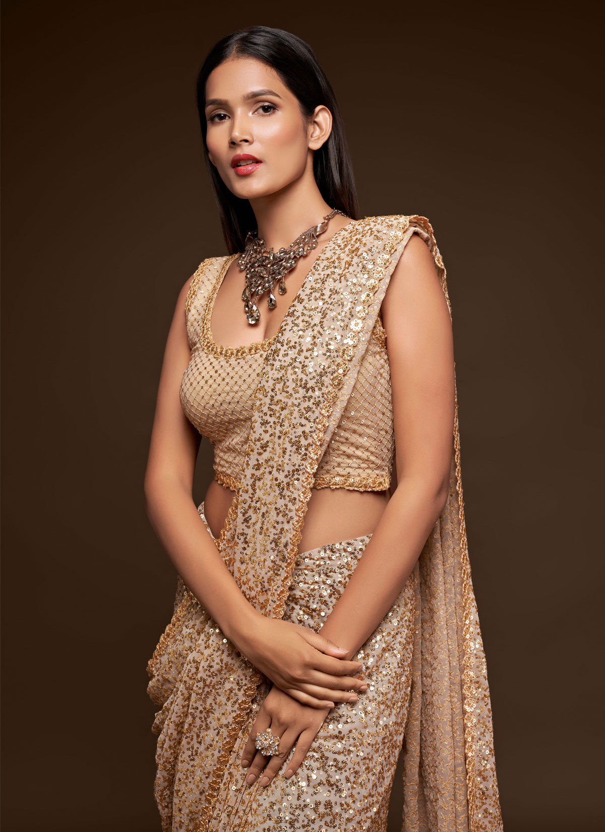 Georgette Trendy Saree With Sequins Work For Women In Beige