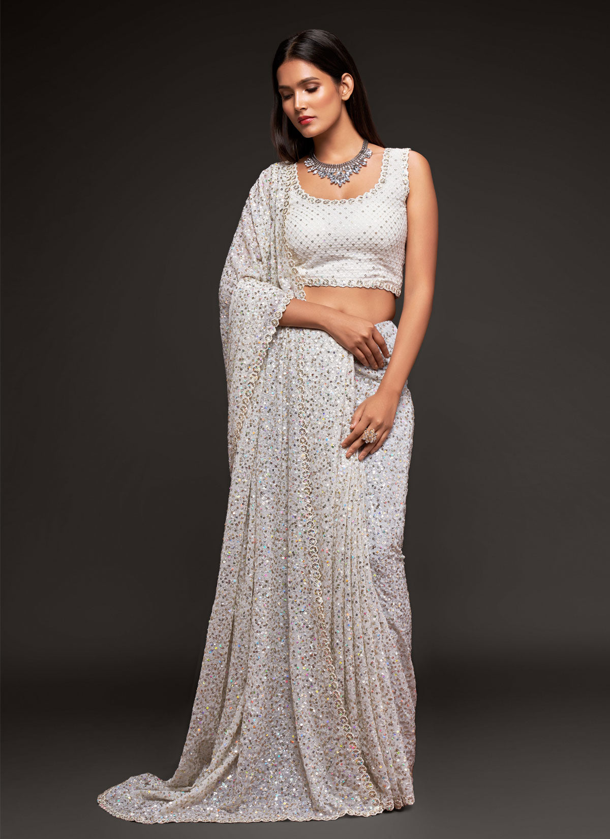 Georgette Traditional Saree In White With Sequins Work For Women