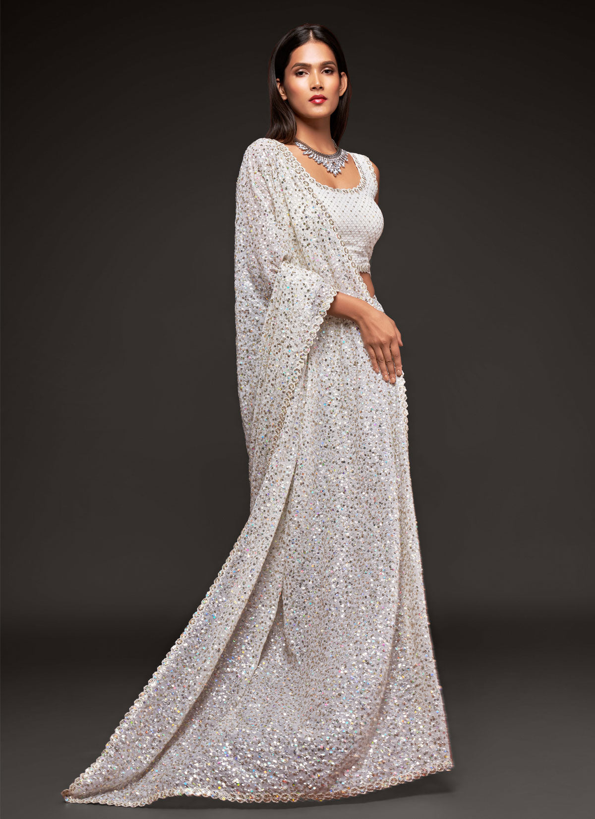 Georgette Traditional Saree In White With Sequins Work For Women