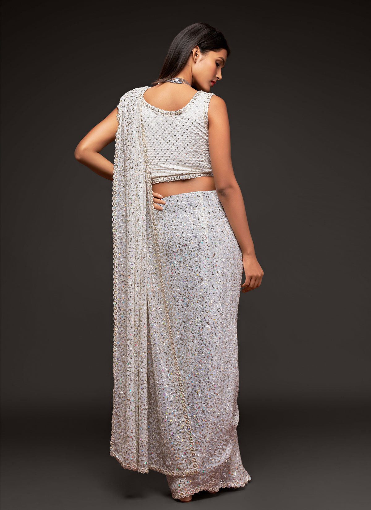 Georgette Traditional Saree In White With Sequins Work For Women