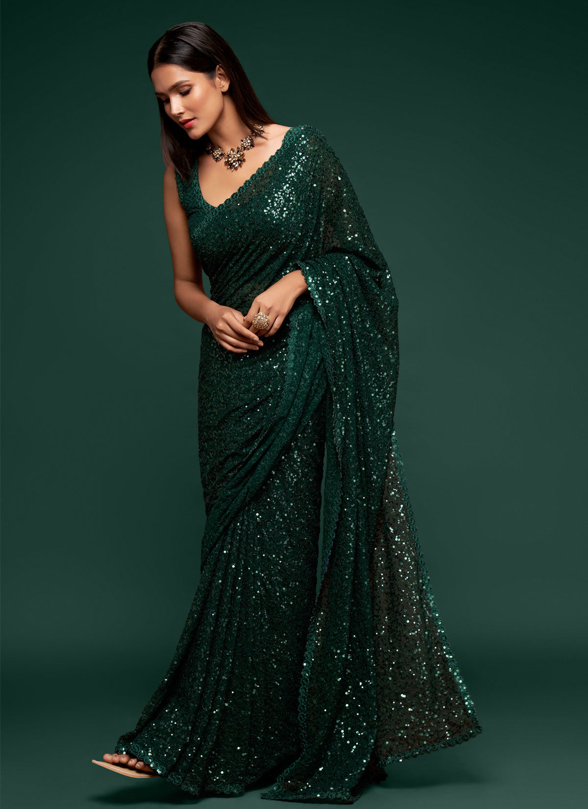 Sequins Work Traditional Saree For Festival In Bottle Green