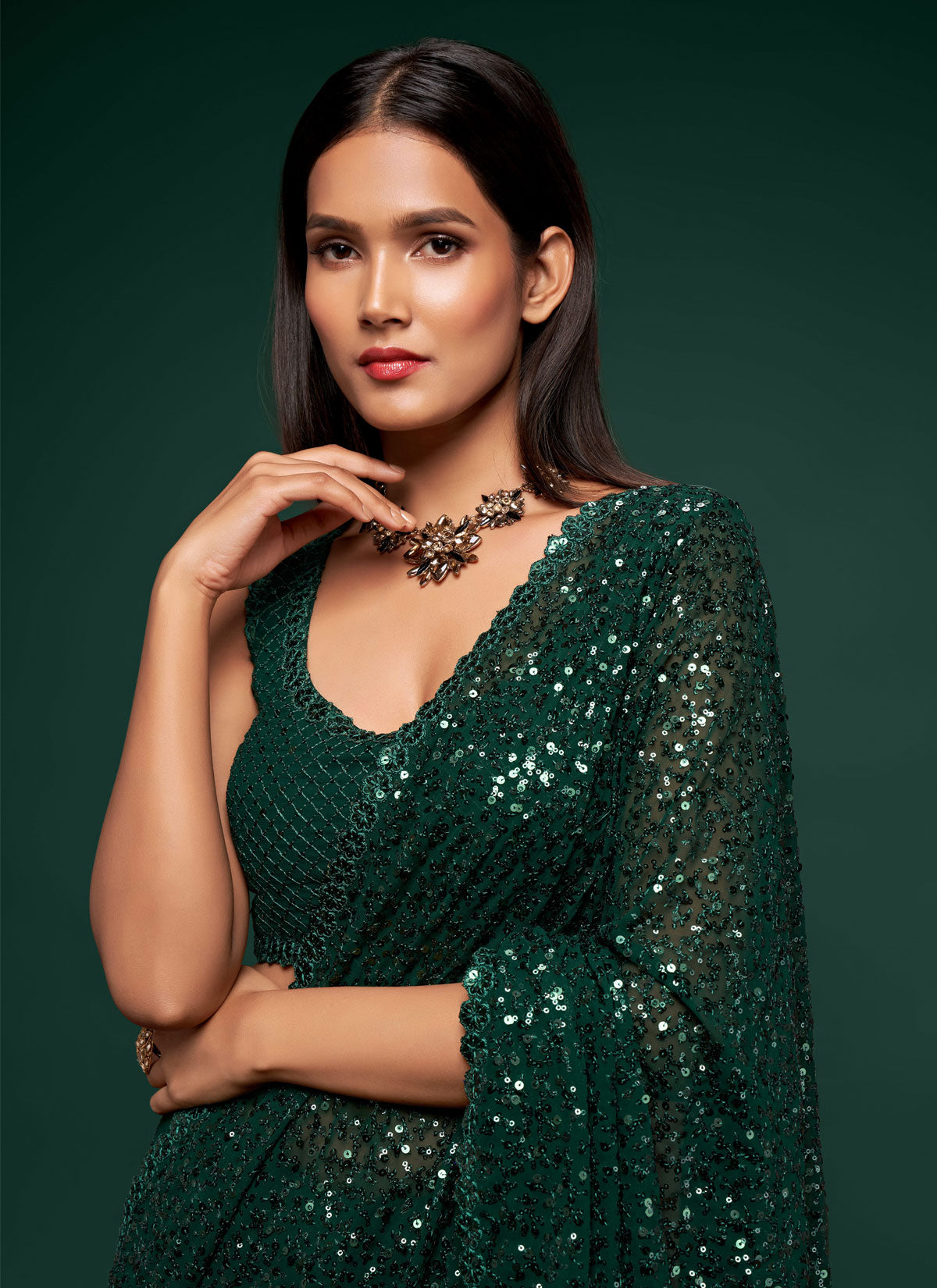 Sequins Work Traditional Saree For Festival In Bottle Green