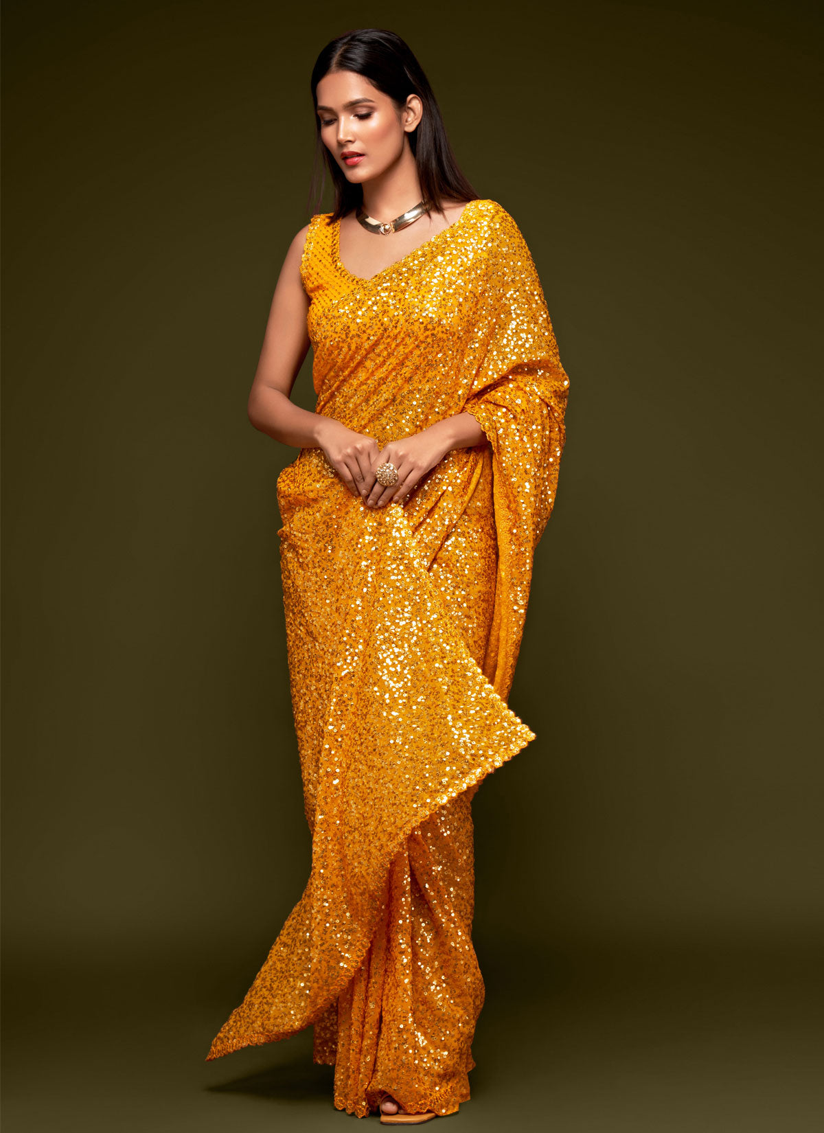 Georgette Classic Saree With Sequins Work For Party In Mustard