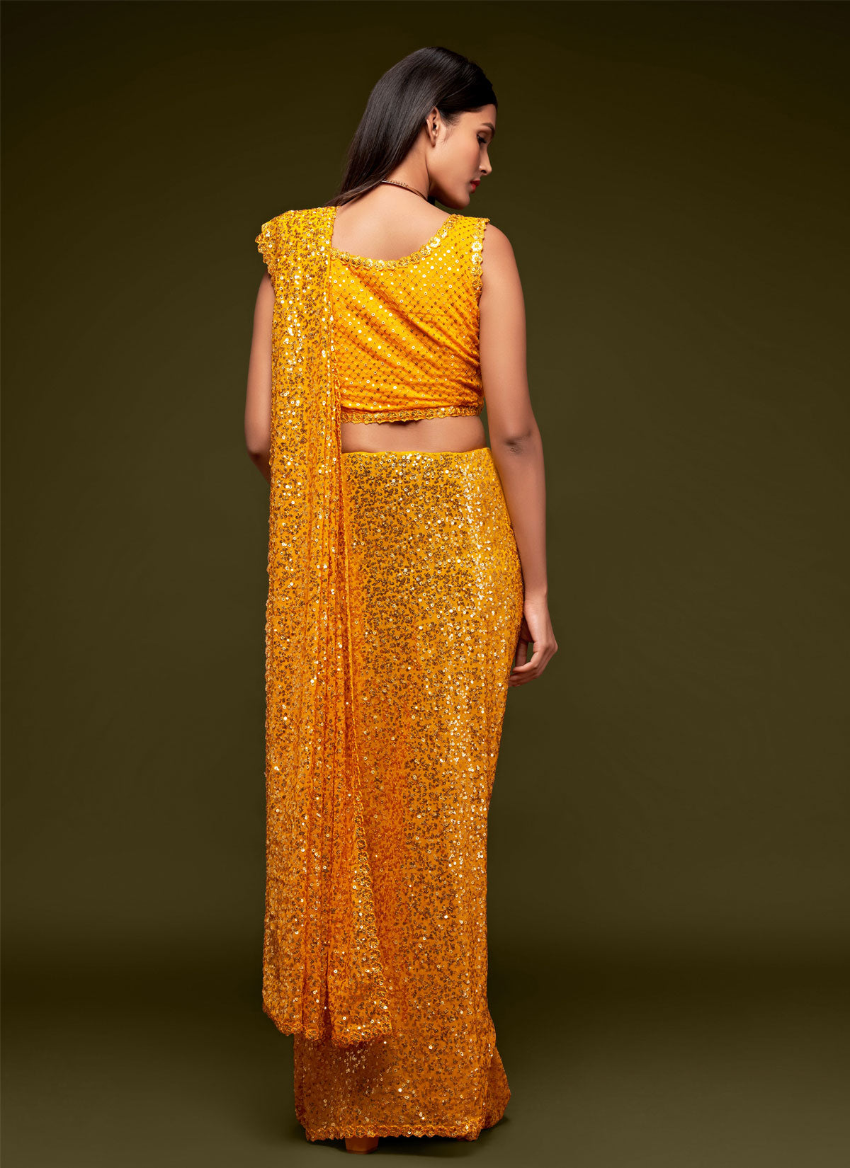Georgette Classic Saree With Sequins Work For Party In Mustard