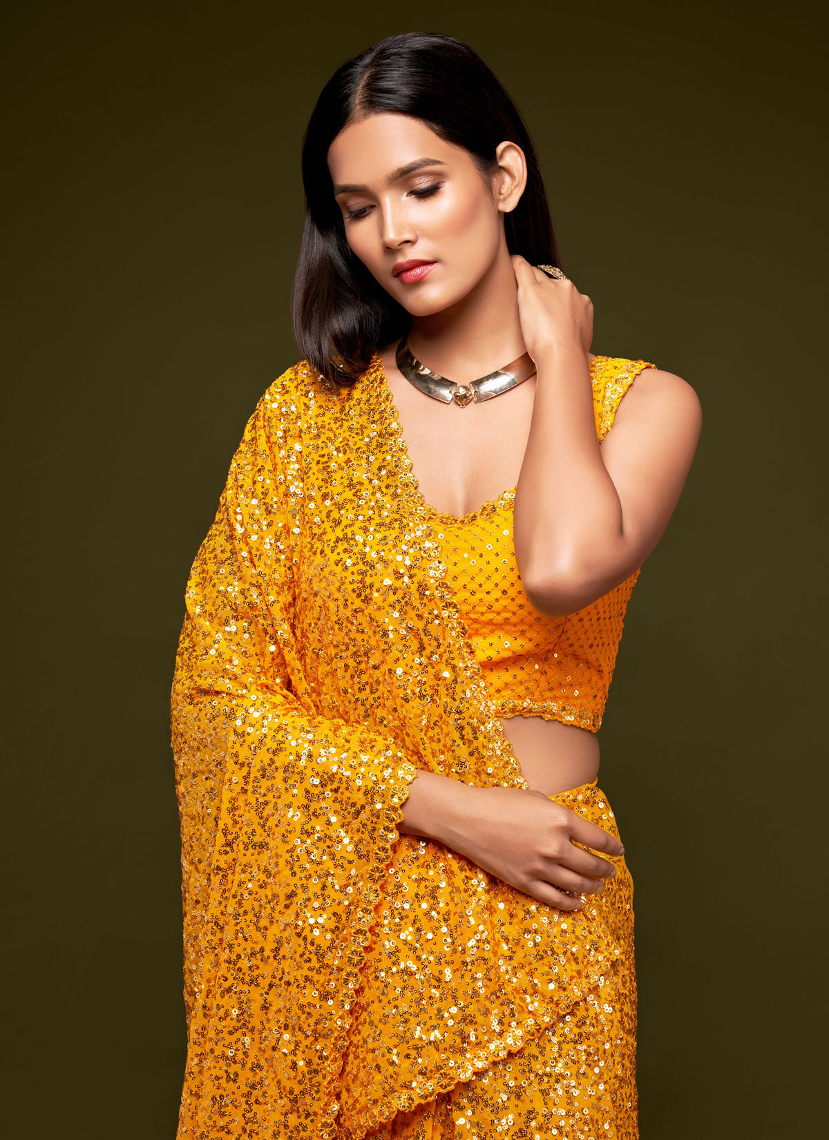Georgette Classic Saree With Sequins Work For Party In Mustard