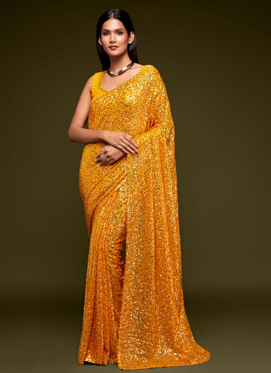Georgette Classic Saree With Sequins Work For Party In Mustard