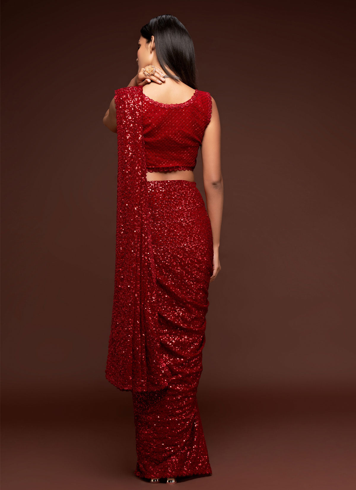 Georgette Classic Saree With Sequins Work For Women In Red