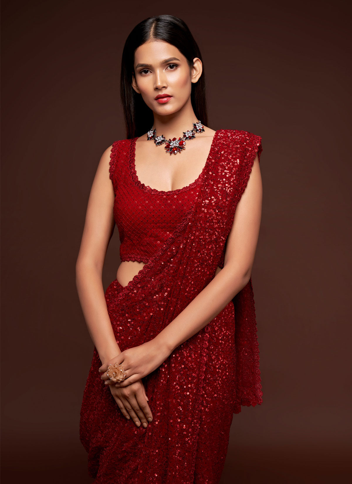 Georgette Classic Saree With Sequins Work For Women In Red