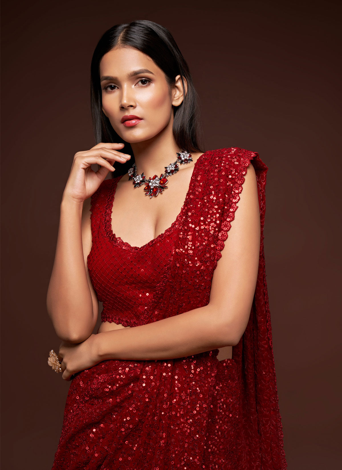 Georgette Classic Saree With Sequins Work For Women In Red