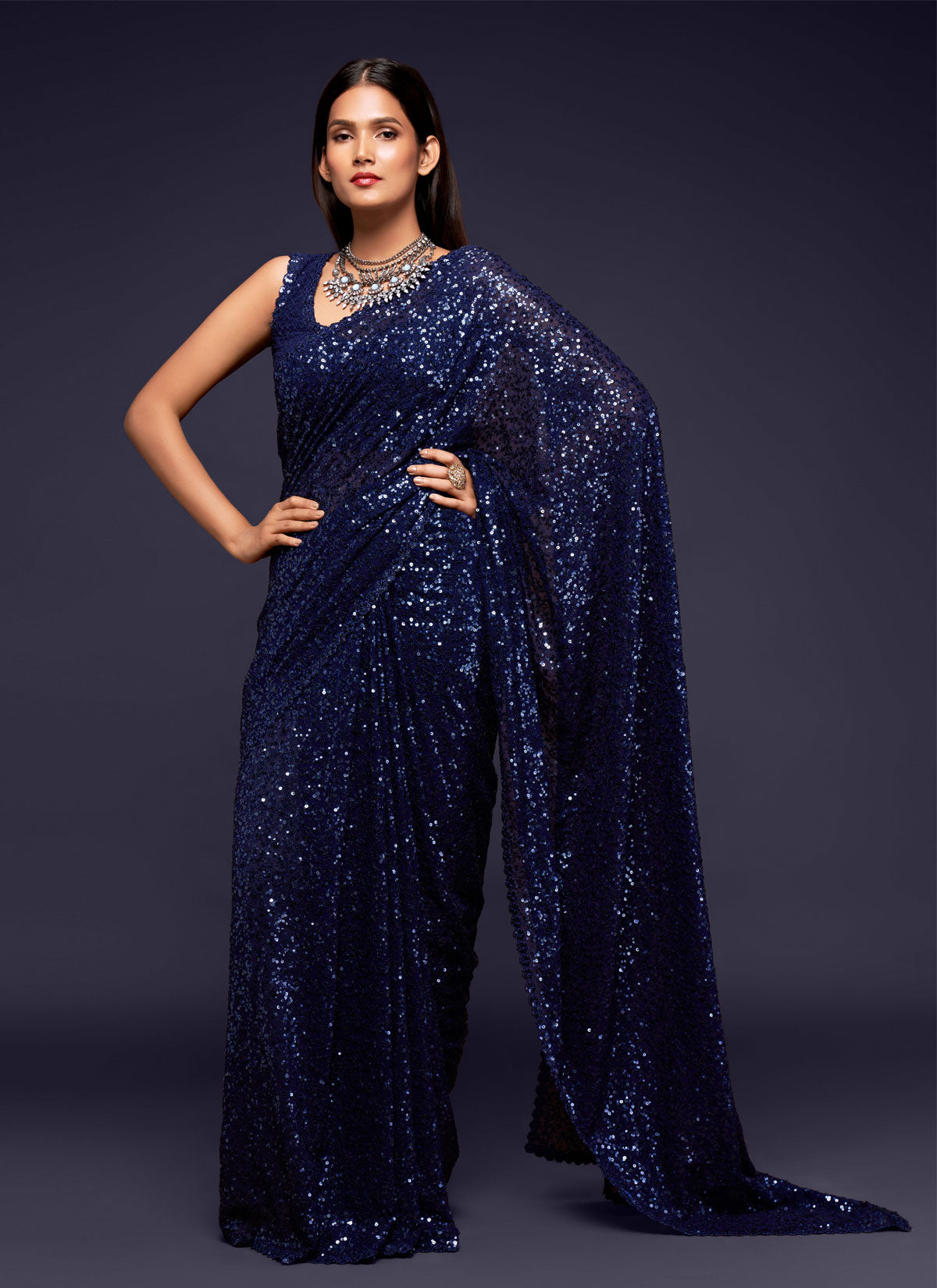 Georgette Sequins Work Trendy Saree In Navy Blue
