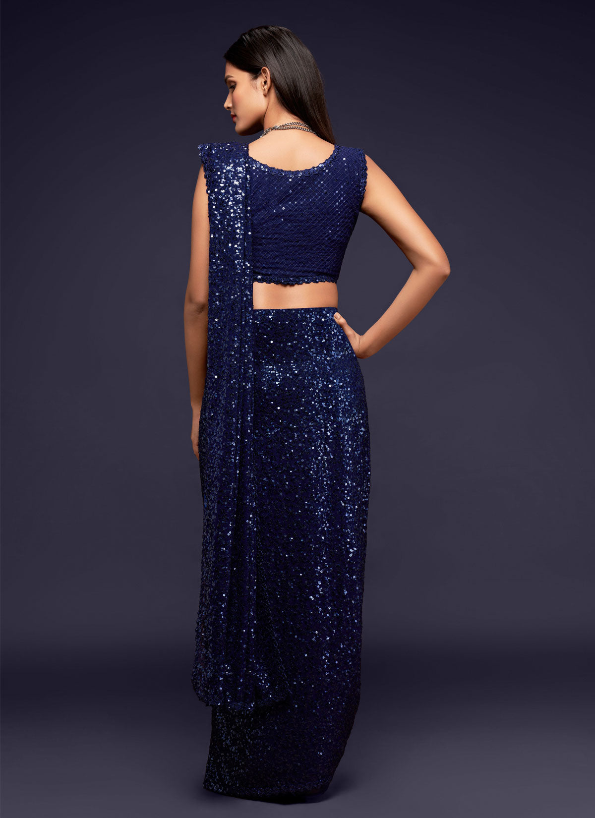Georgette Sequins Work Trendy Saree In Navy Blue