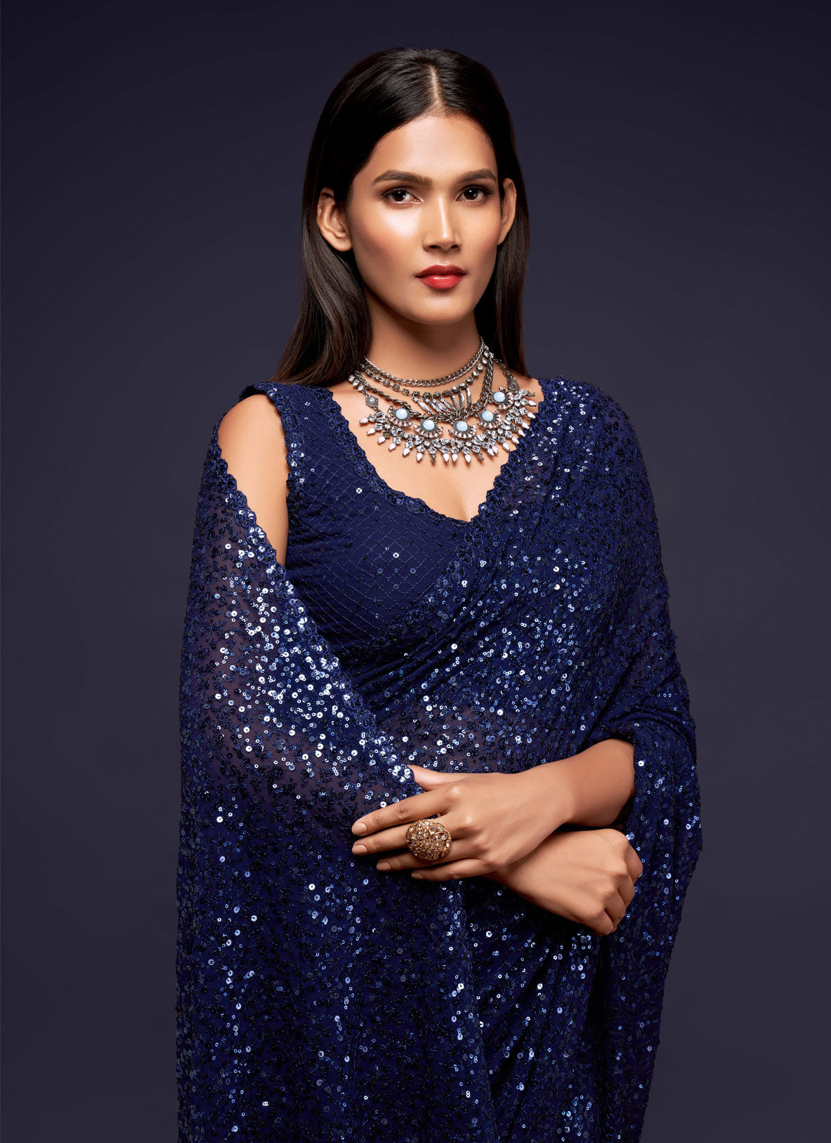 Georgette Sequins Work Trendy Saree In Navy Blue