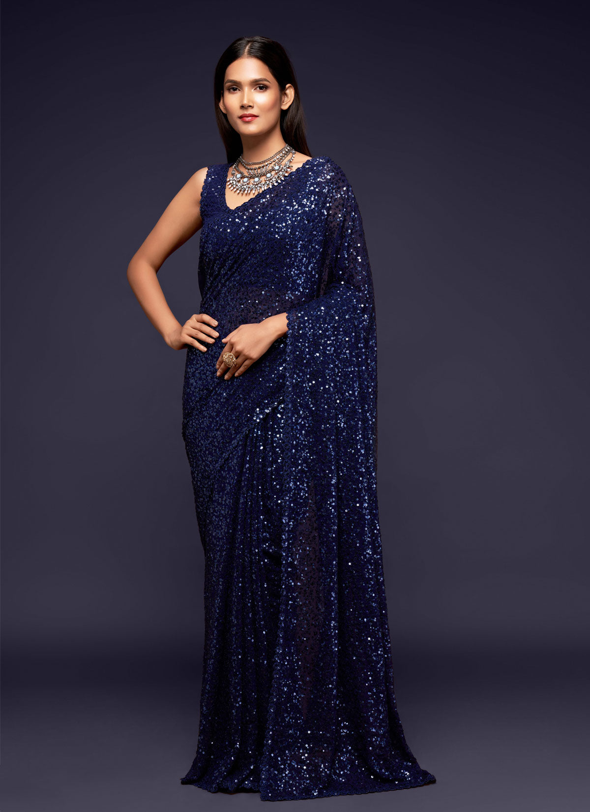 Georgette Sequins Work Trendy Saree In Navy Blue