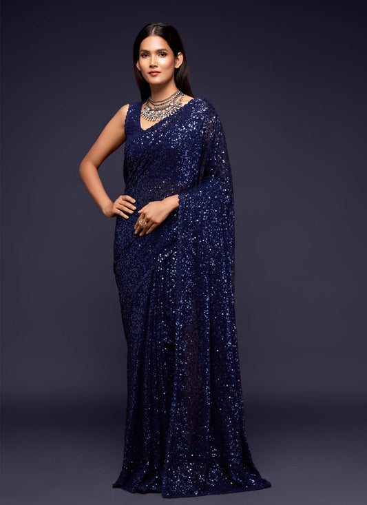 Georgette Sequins Work Trendy Saree In Navy Blue