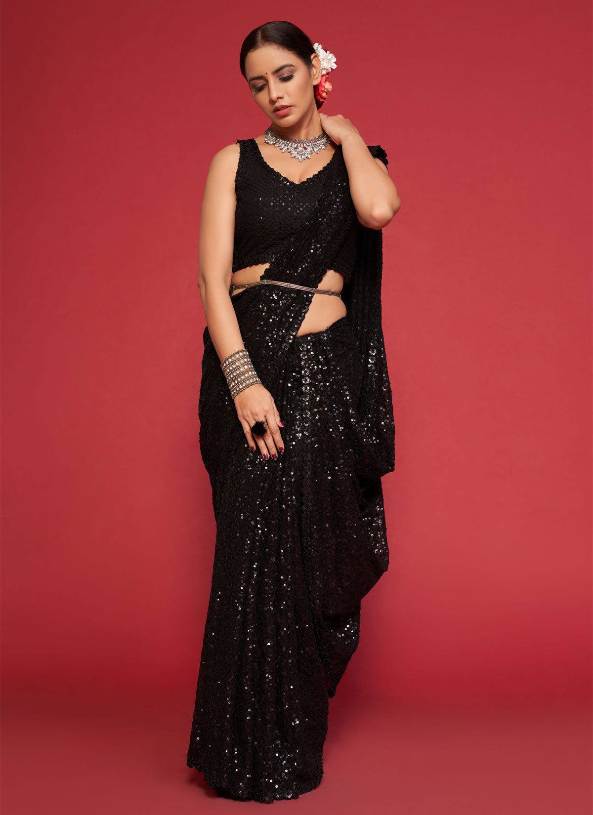 Black Georgette Sequins Work Classic Saree For Women