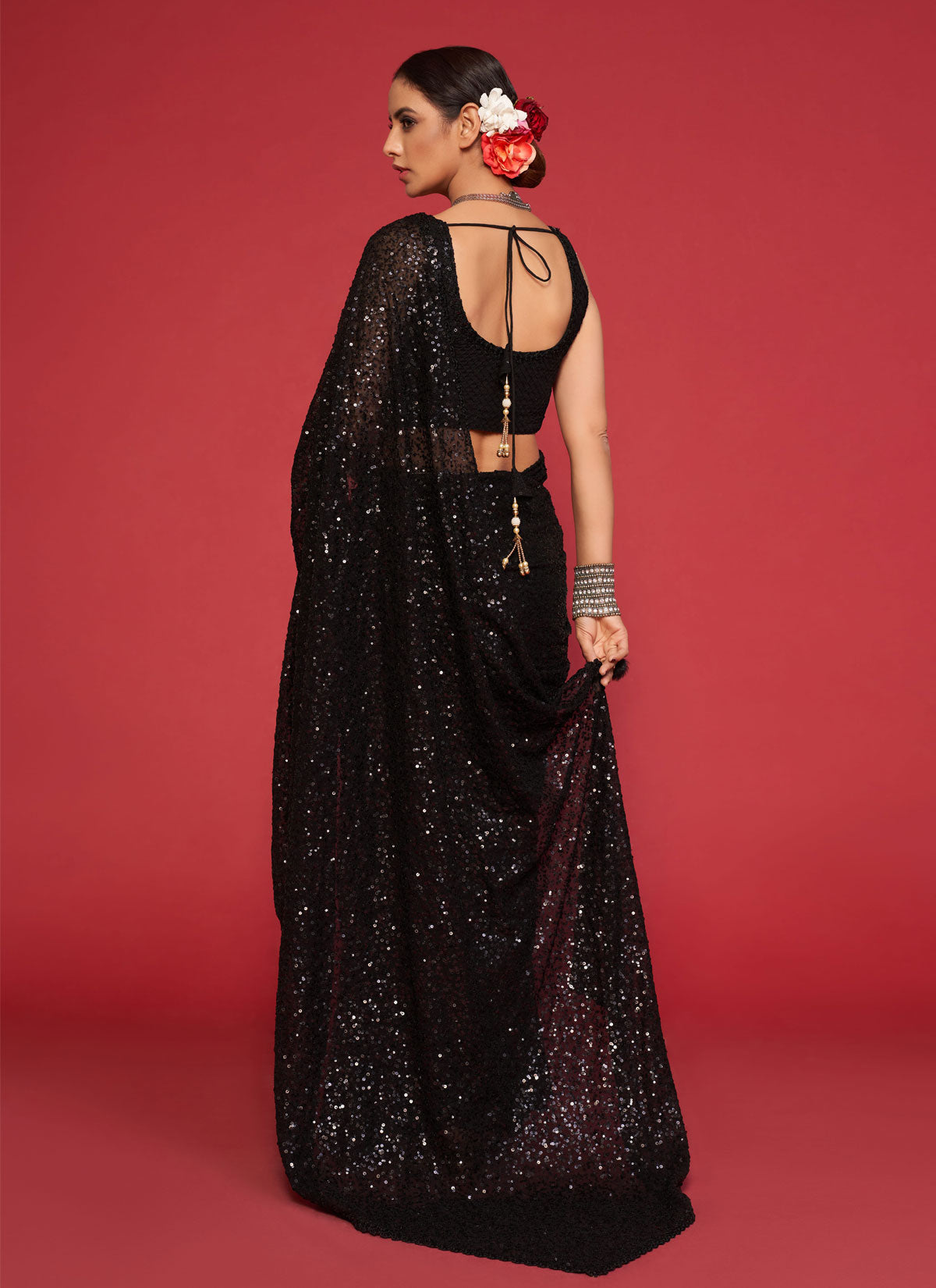 Black Georgette Sequins Work Classic Saree For Women
