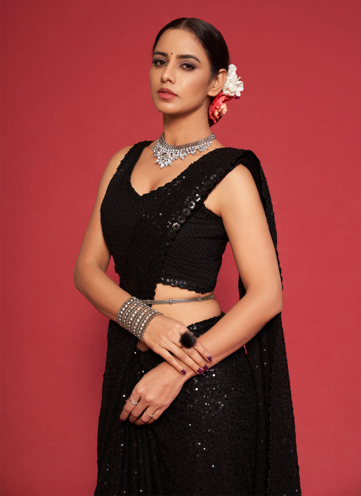 Black Georgette Sequins Work Classic Saree For Women