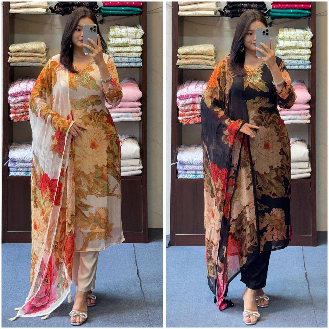 Women's designer flower print kurta pant with dupatta sets