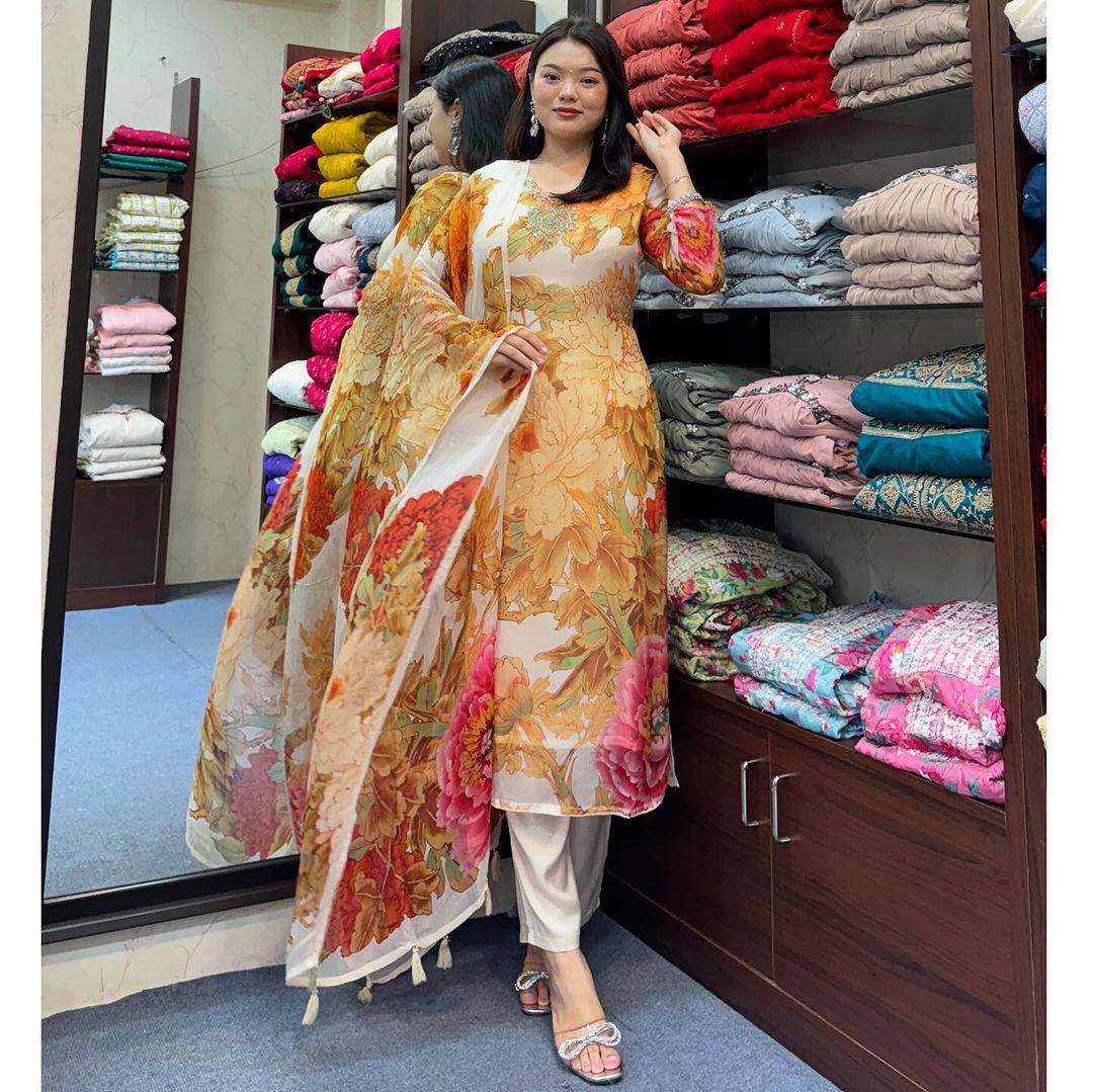 Women's designer flower print kurta pant with dupatta sets