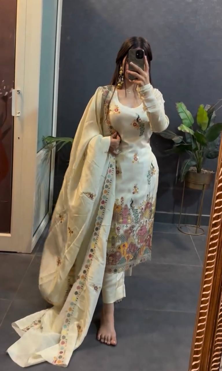 Chinnon silk hand embroidered kurta pant sets