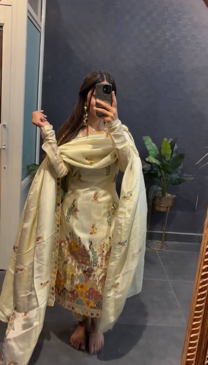 Chinnon silk hand embroidered kurta pant sets