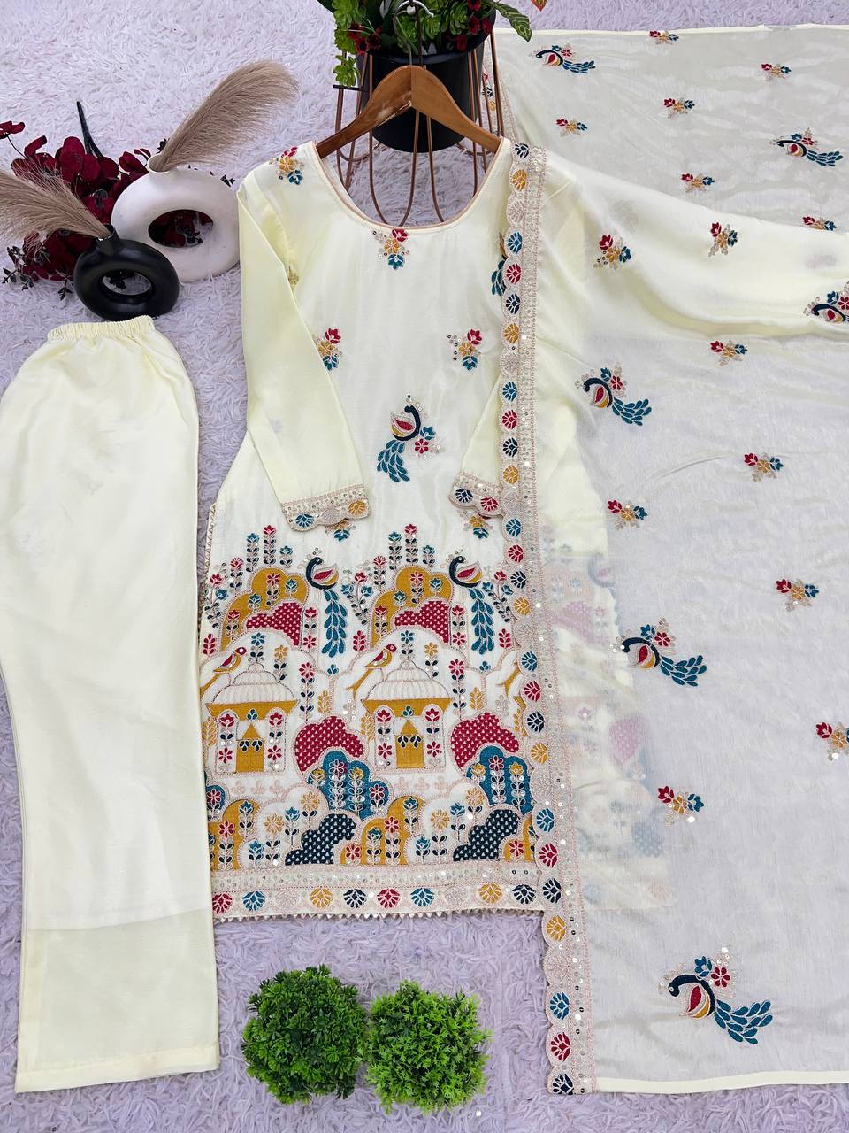 Chinnon silk hand embroidered kurta pant sets