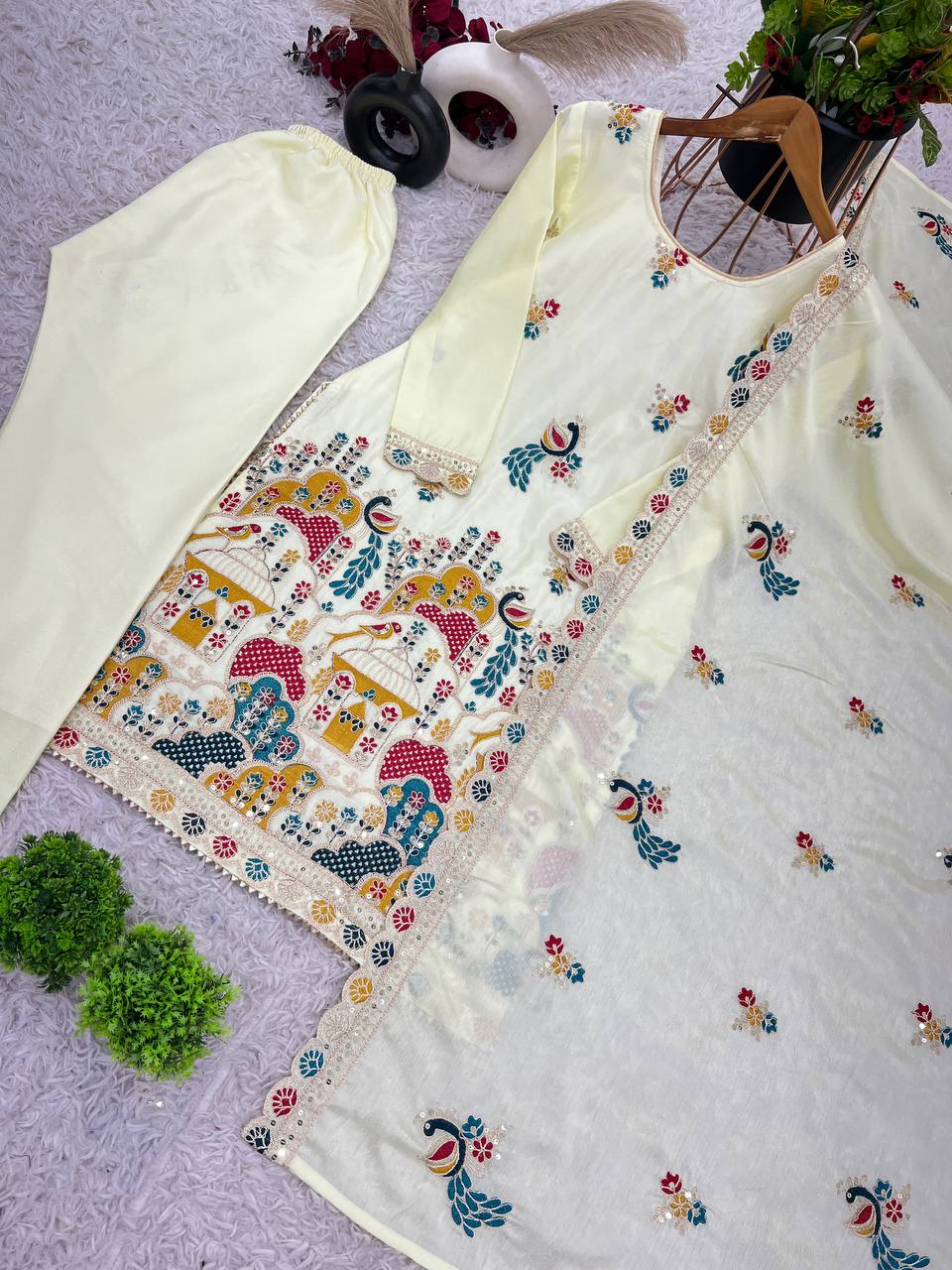 Chinnon silk hand embroidered kurta pant sets