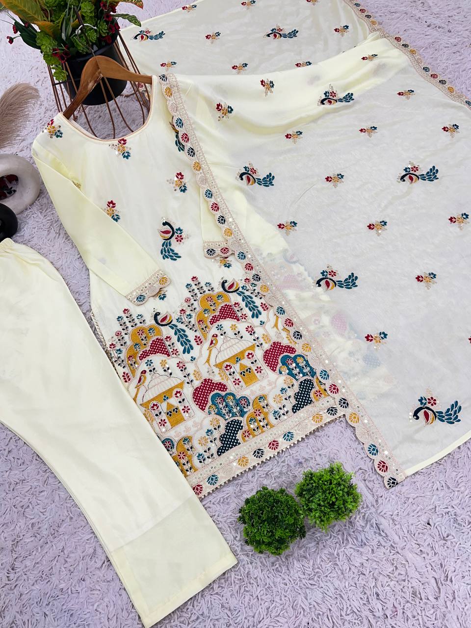 Chinnon silk hand embroidered kurta pant sets