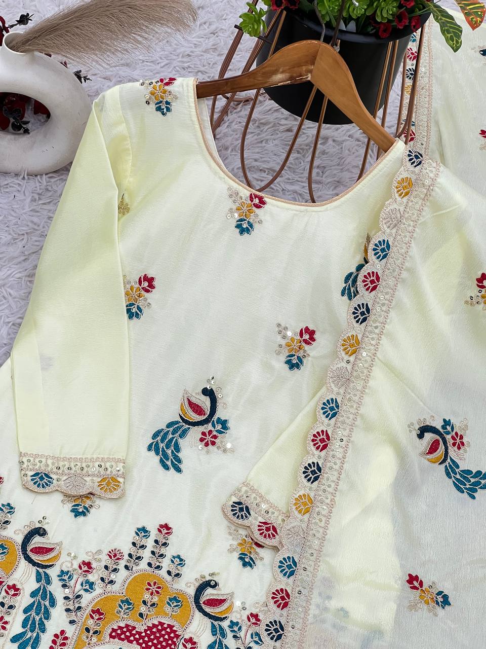 Chinnon silk hand embroidered kurta pant sets