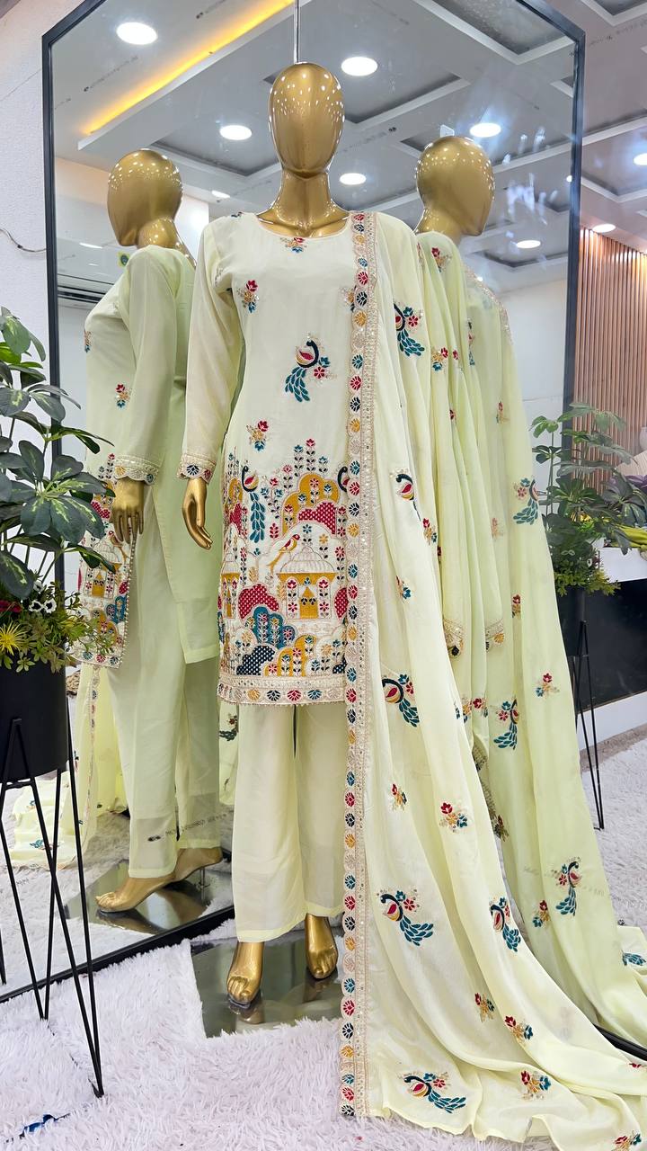 Chinnon silk hand embroidered kurta pant sets