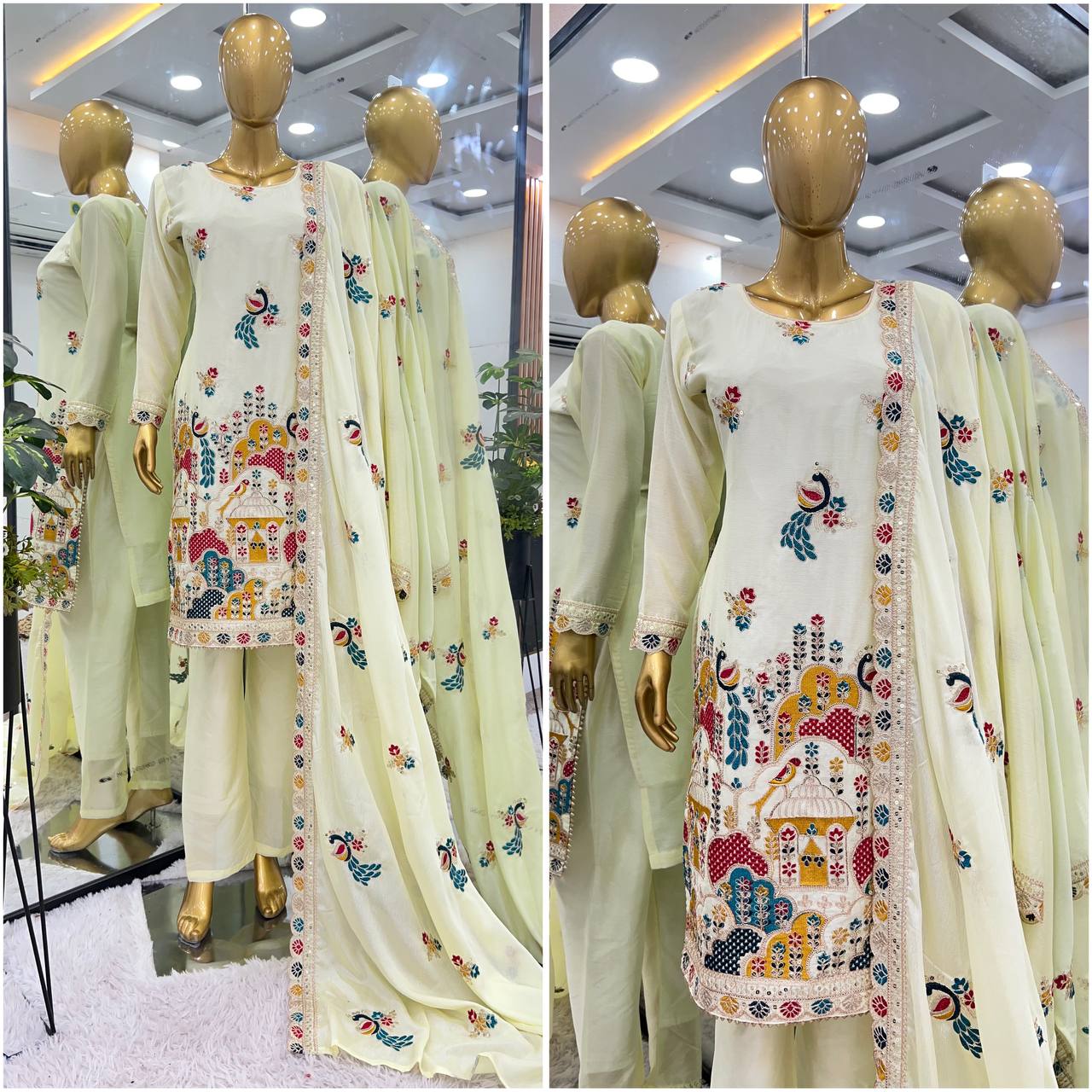 Chinnon silk hand embroidered kurta pant sets