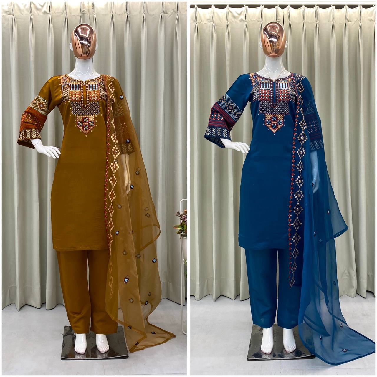 Roman silk foil paper work kurta set with organza dupatta