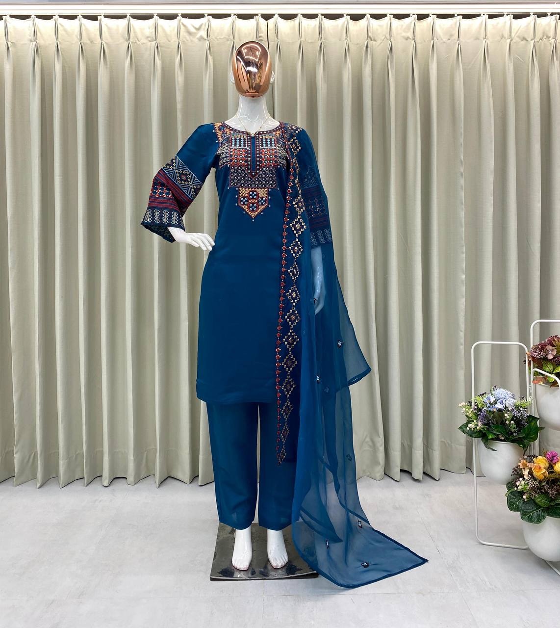 Roman silk foil paper work kurta set with organza dupatta