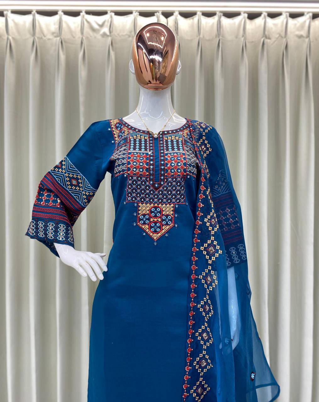 Roman silk foil paper work kurta set with organza dupatta