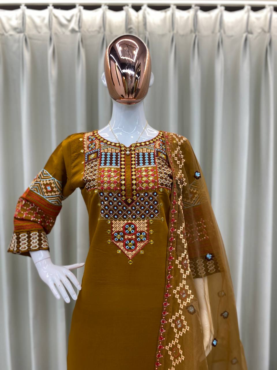 Roman silk foil paper work kurta set with organza dupatta