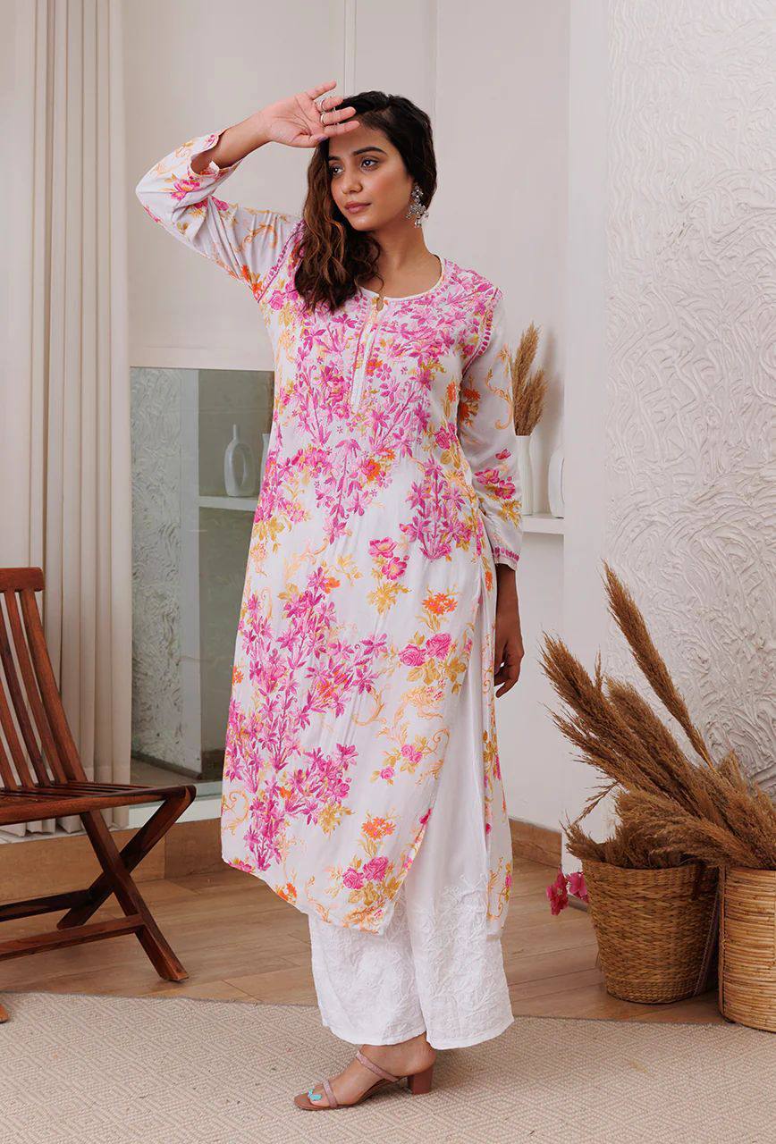 Thread and hand embroidered rayon kurta with palazzo sets