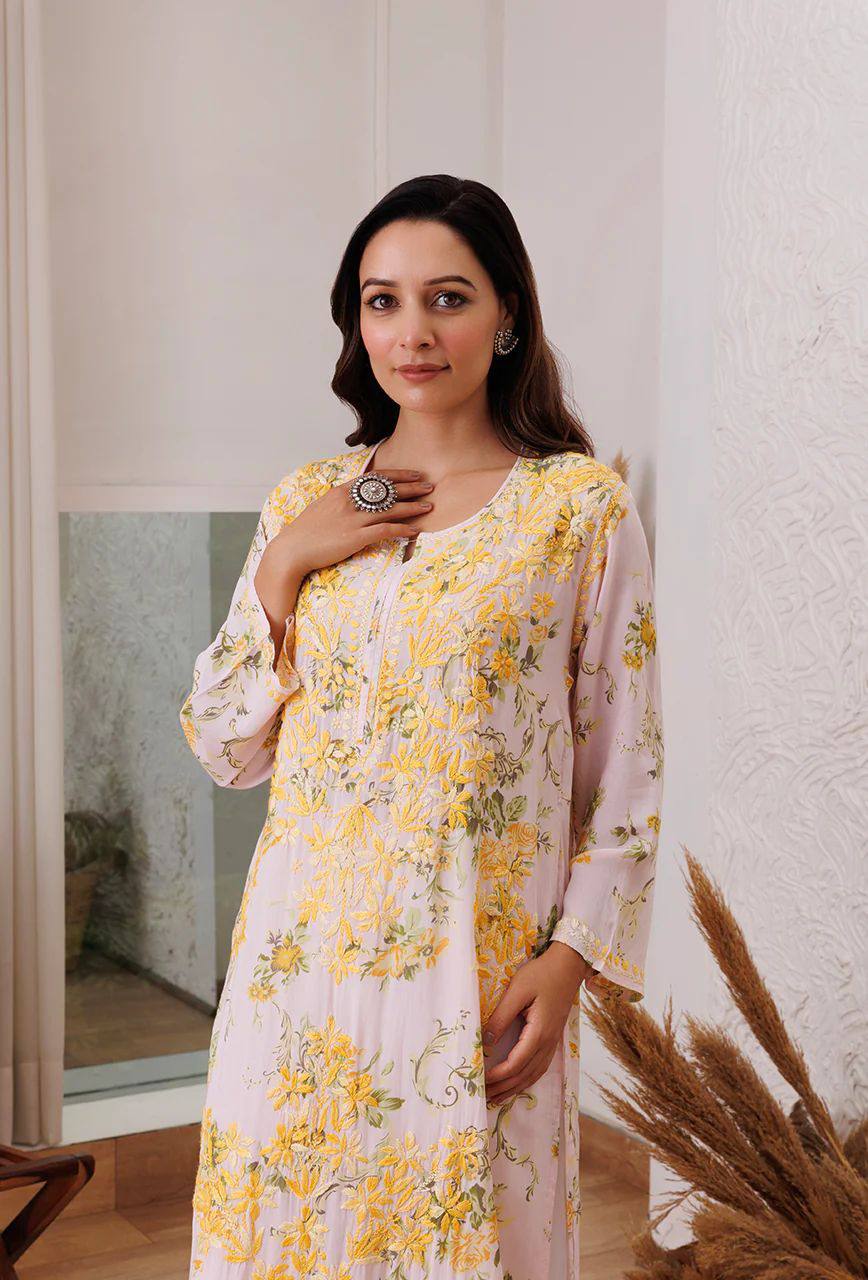 Thread and hand embroidered rayon kurta with palazzo sets
