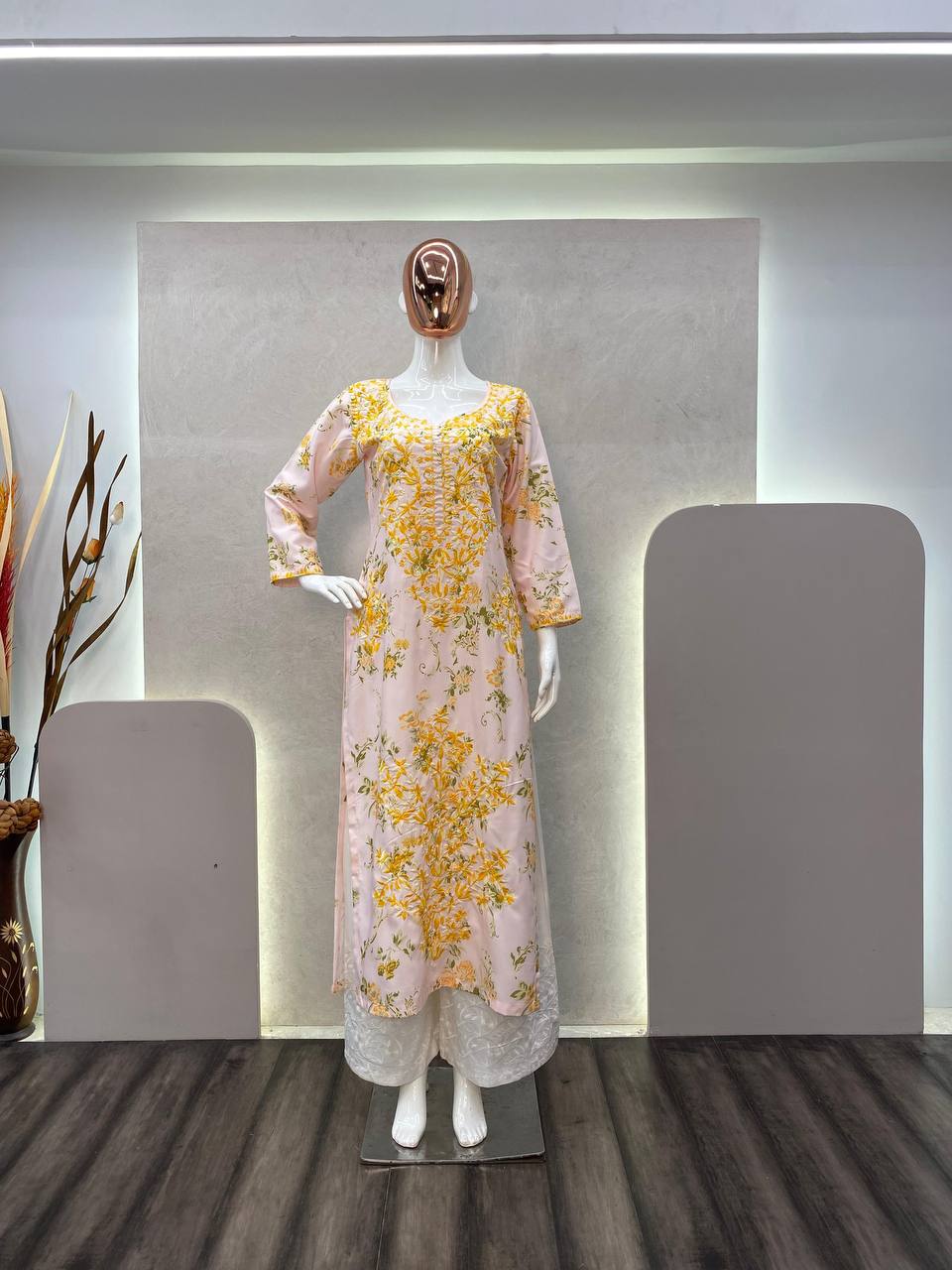 Thread and hand embroidered rayon kurta with palazzo sets
