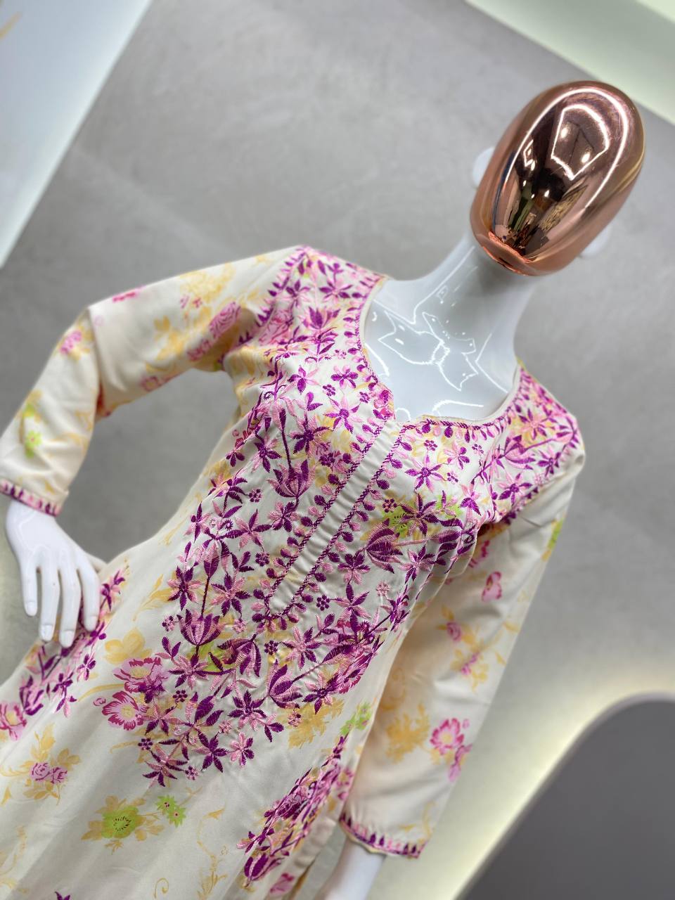 Thread and hand embroidered rayon kurta with palazzo sets