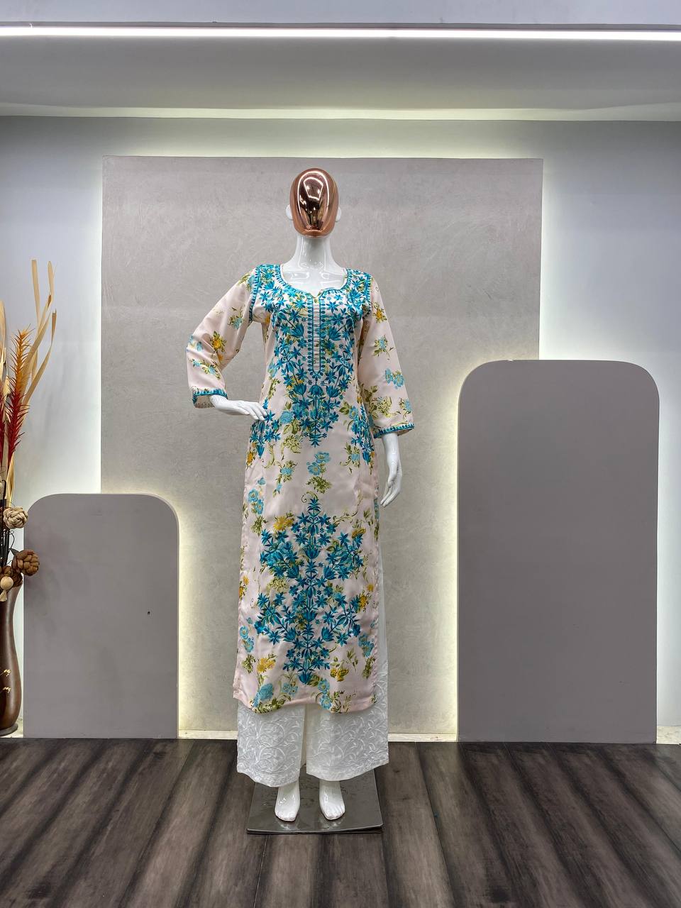 Thread and hand embroidered rayon kurta with palazzo sets