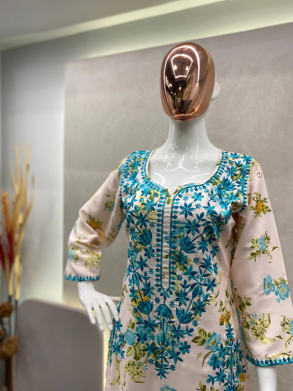 Thread and hand embroidered rayon kurta with palazzo sets