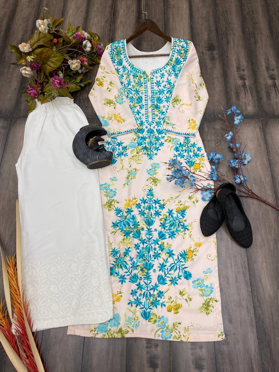 Thread and hand embroidered rayon kurta with palazzo sets