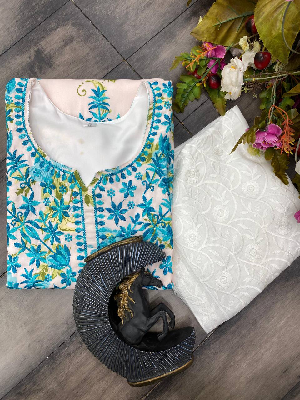 Thread and hand embroidered rayon kurta with palazzo sets