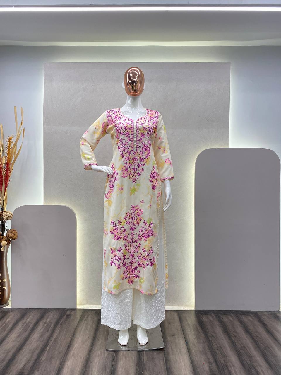 Thread and hand embroidered rayon kurta with palazzo sets