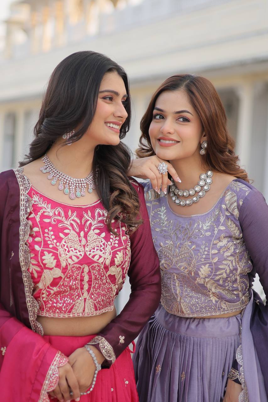 Women's designer Chinnon silk handwork choli lehenga with dupatta sets