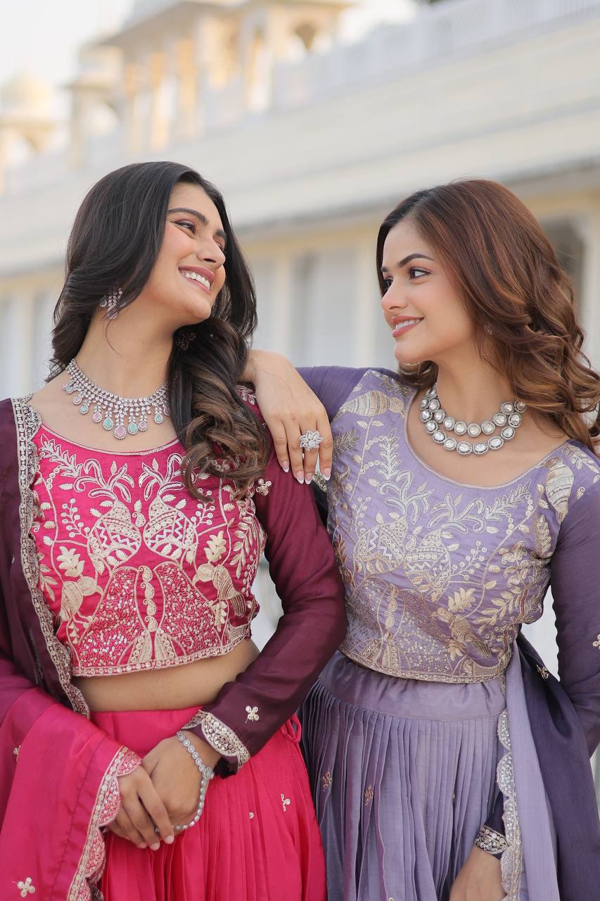 Women's designer Chinnon silk handwork choli lehenga with dupatta sets