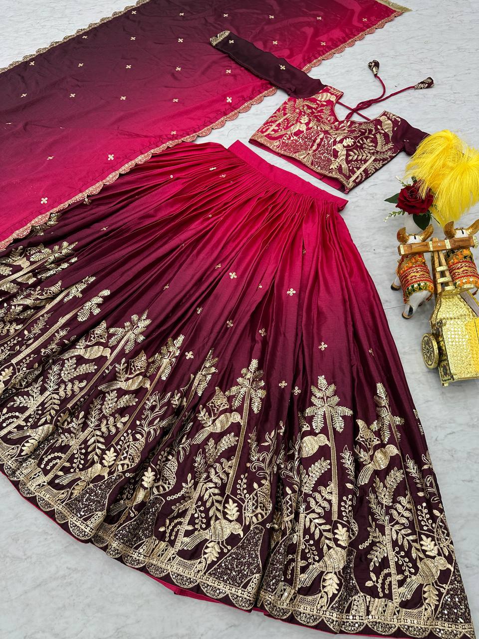 Women's designer Chinnon silk handwork choli lehenga with dupatta sets