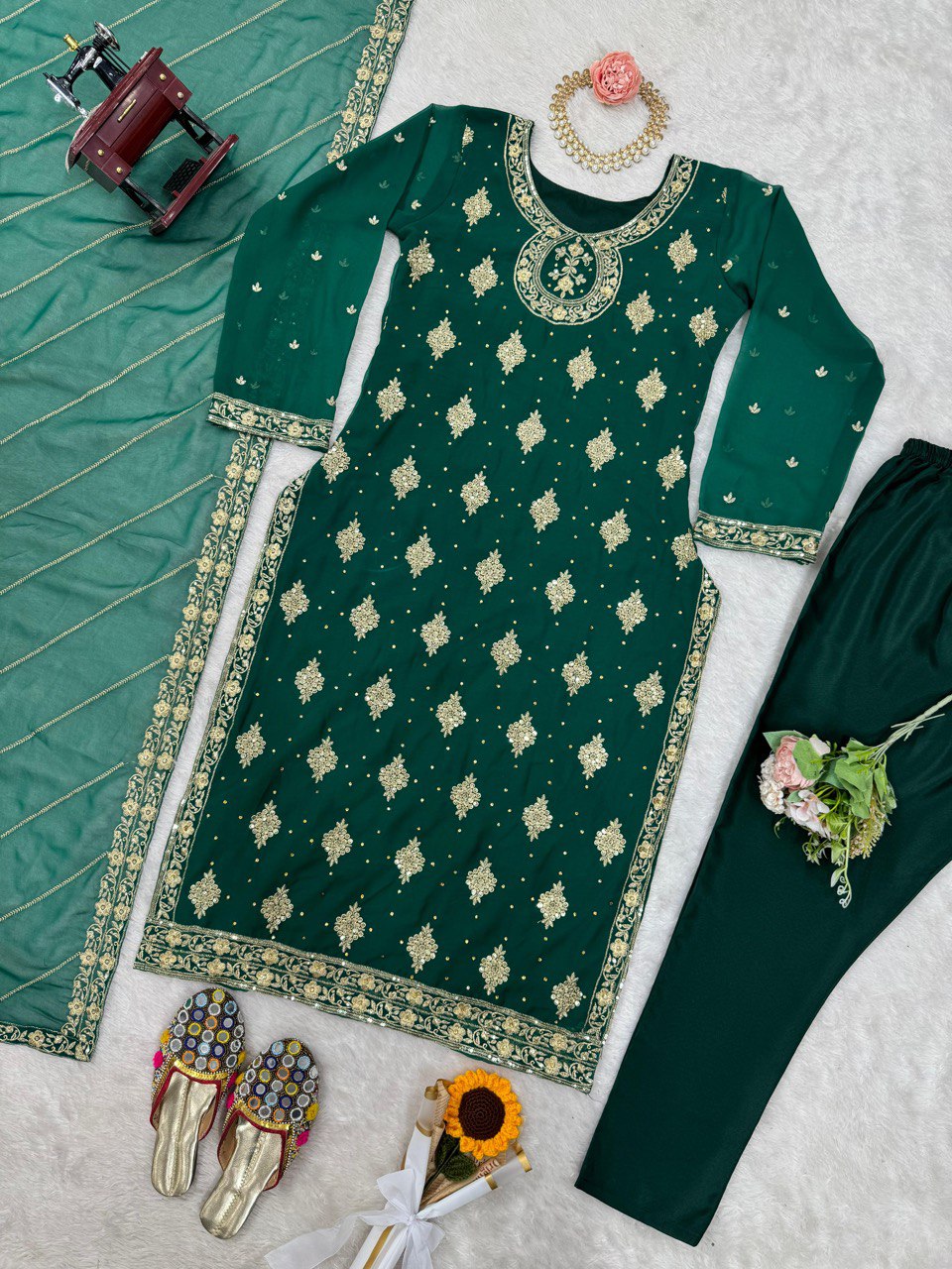 Georgette kurta pant with dupatta sets,Thread work