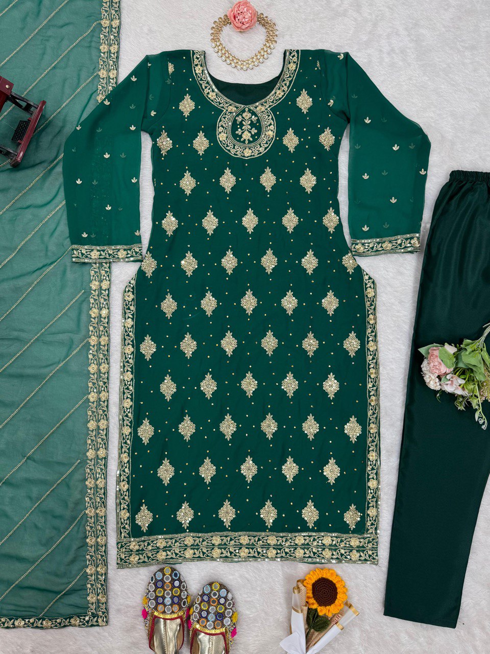 Georgette kurta pant with dupatta sets,Thread work